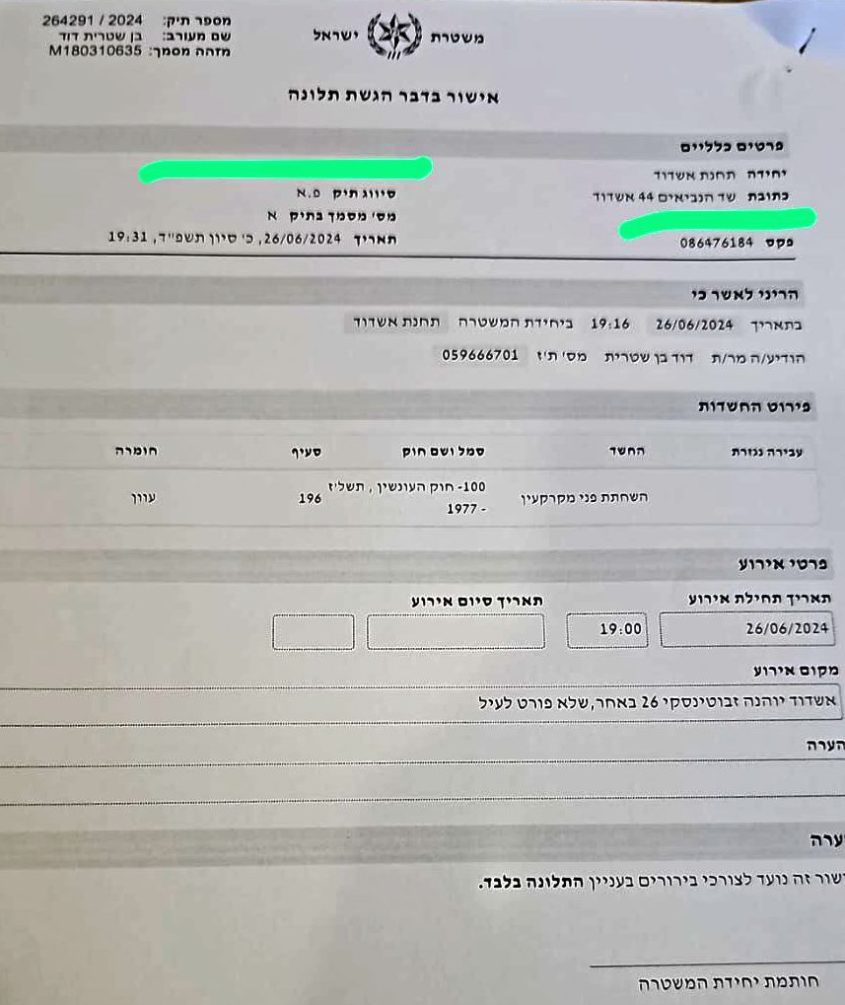 תלונה שהוגשה על כך במשטרה